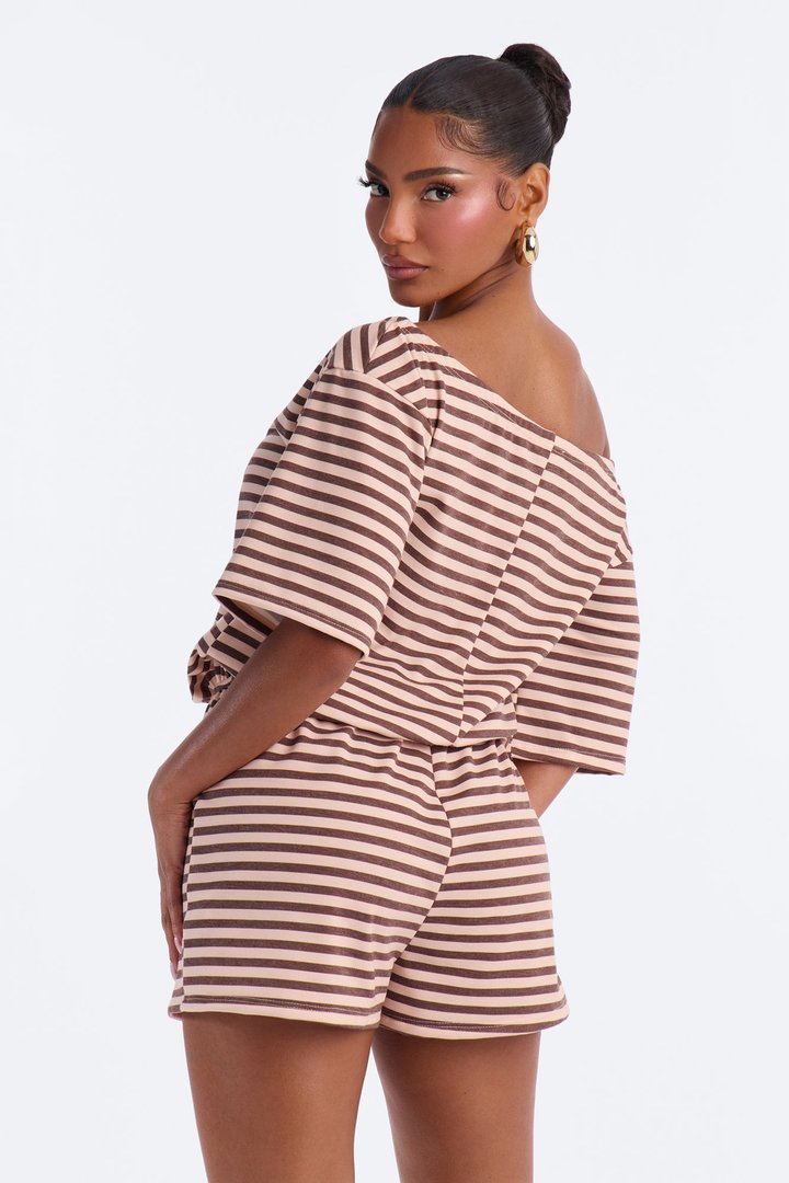 No Stress Off Shoulder Striped Romper - Brown/combo