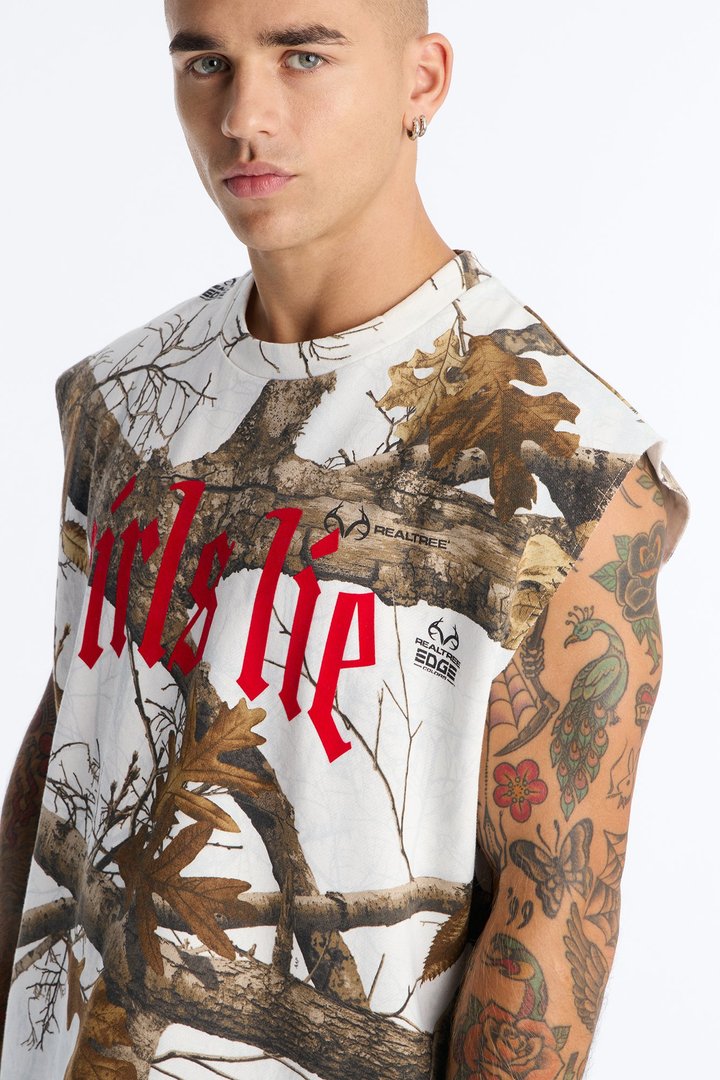 Real Tree Snow Girls Lie Flock Fleece Muscle Tee - Camouflage