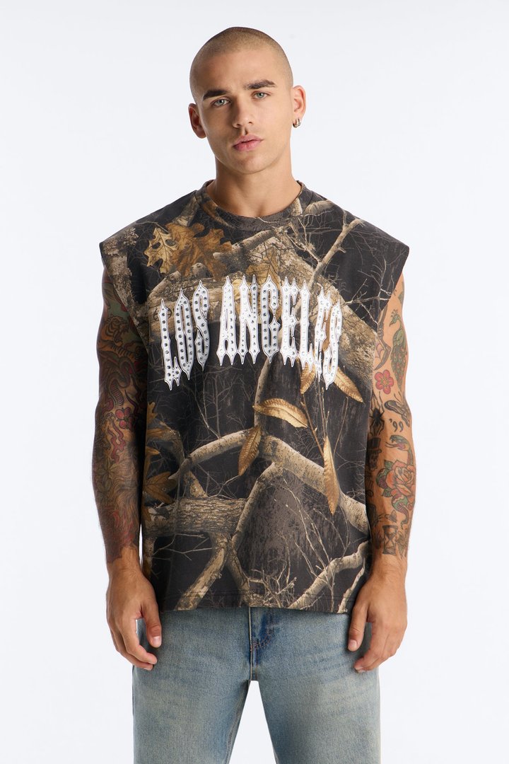 Real Tree Shadow Los Angeles Rhinestone Fleece Muscle Tee - Camouflage