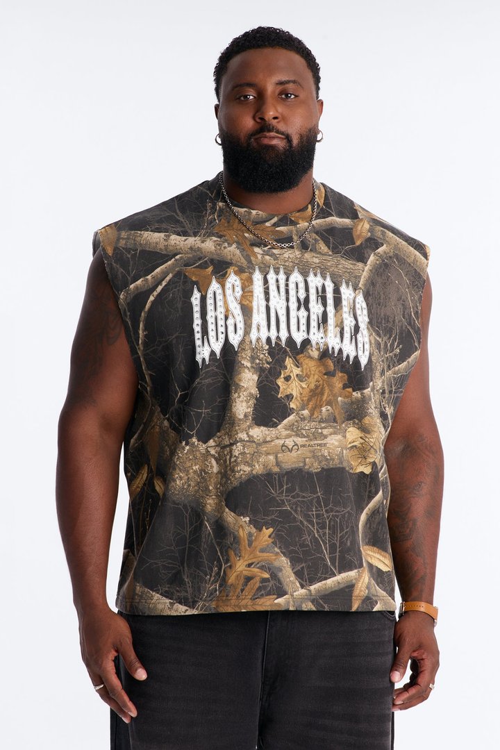 Real Tree Shadow Los Angeles Rhinestone Fleece Muscle Tee - Camouflage