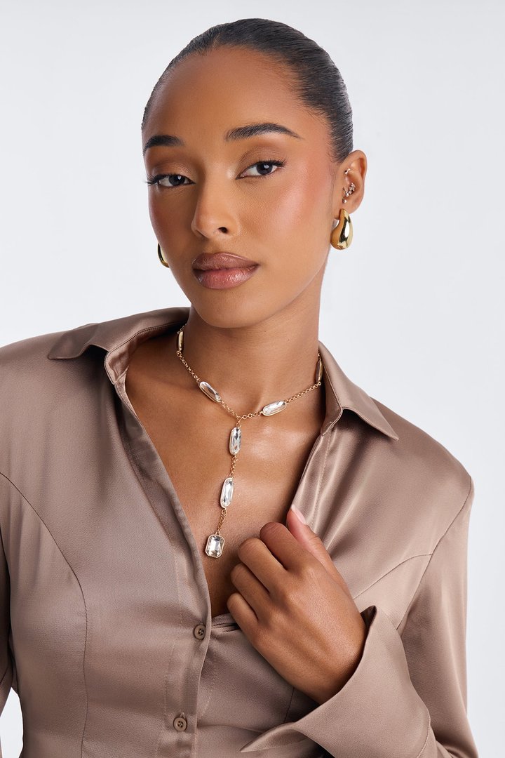 Pieces Of Me Rhinestone Lariat Necklace - Gold