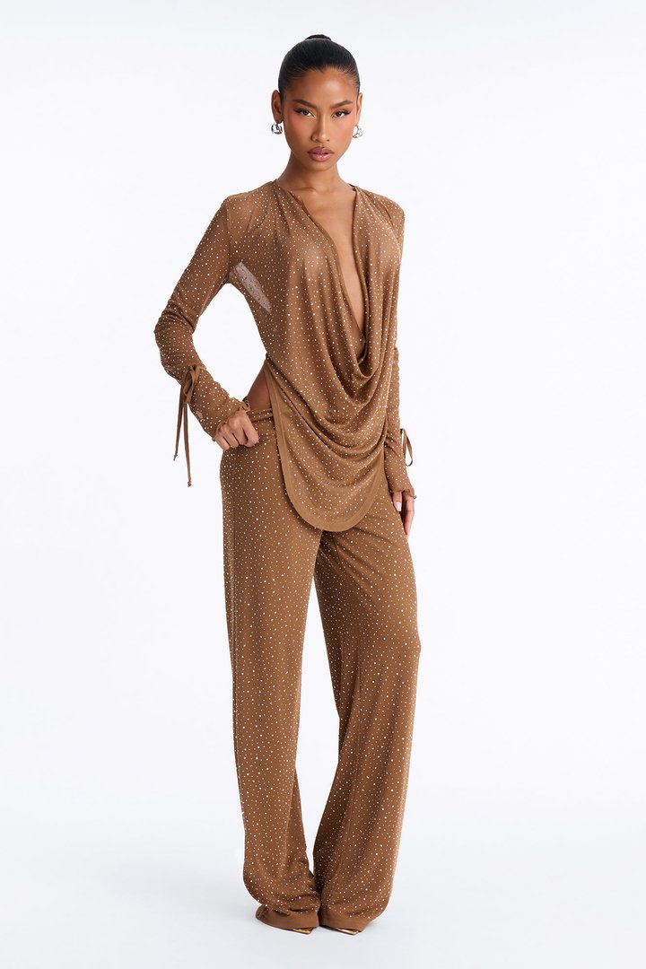 Silent Muse Rhinestone Cowl Neck Mesh Pant Set - Mocha
