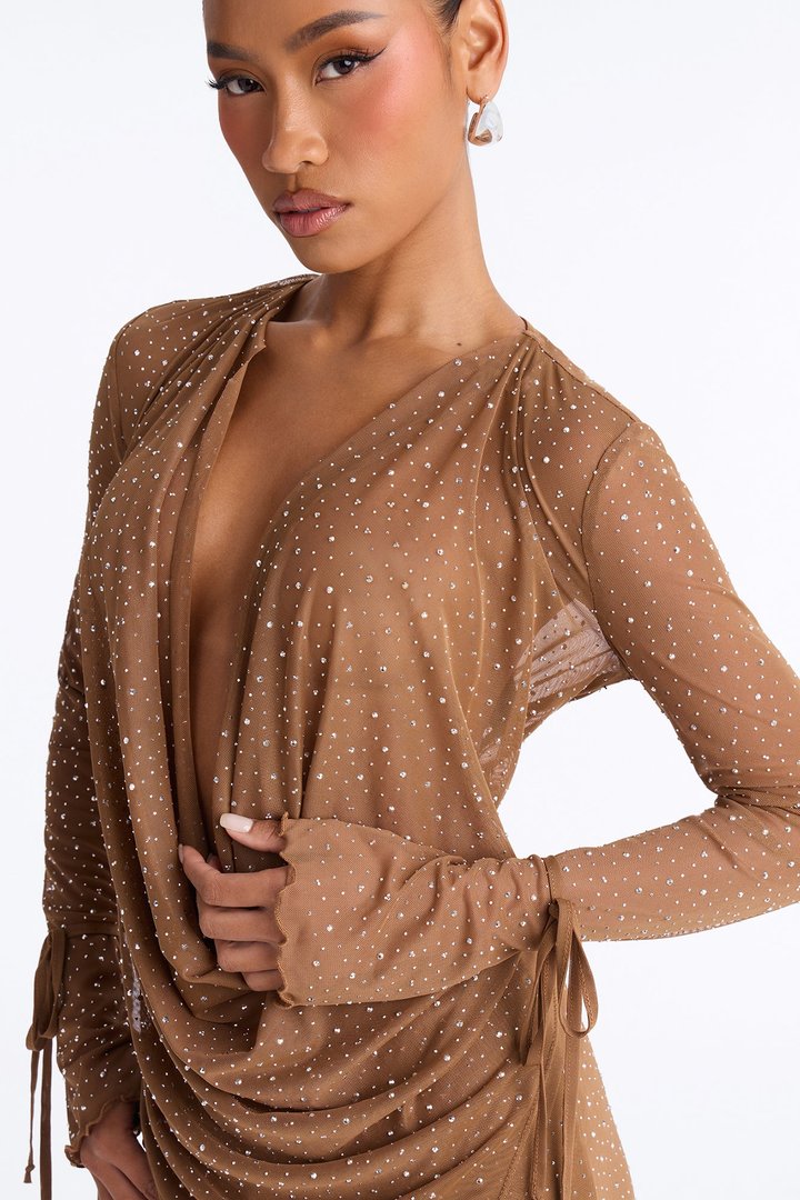 Silent Muse Rhinestone Cowl Neck Mesh Pant Set - Mocha