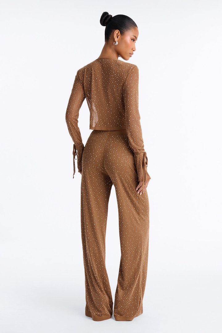 Silent Muse Rhinestone Cowl Neck Mesh Pant Set - Mocha