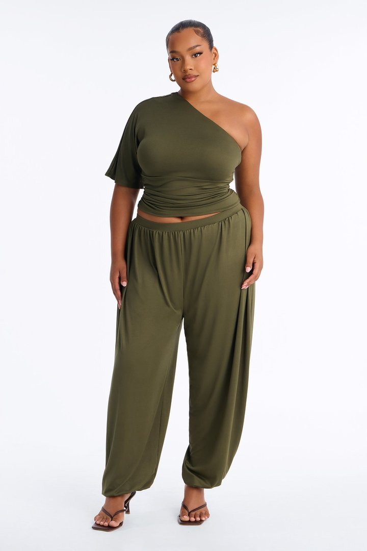 Megan One Shoulder Balloon Pant Set - Olive