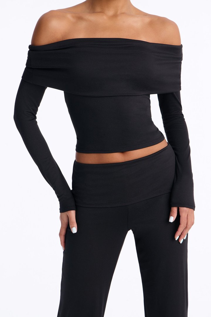 Maya Foldover Waist Pant Set - Black