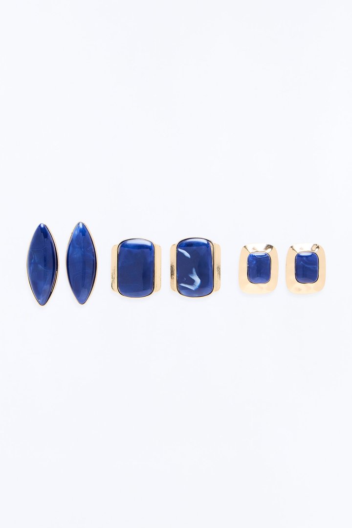 Island Chic Jeweled 3 Pair Multi Earring Set - Gold/Blue