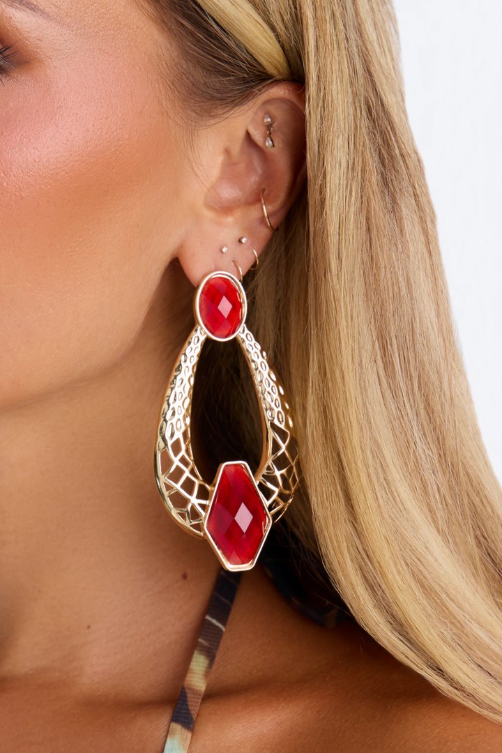 Stop And Stare Drop Earrings - Gold/Red