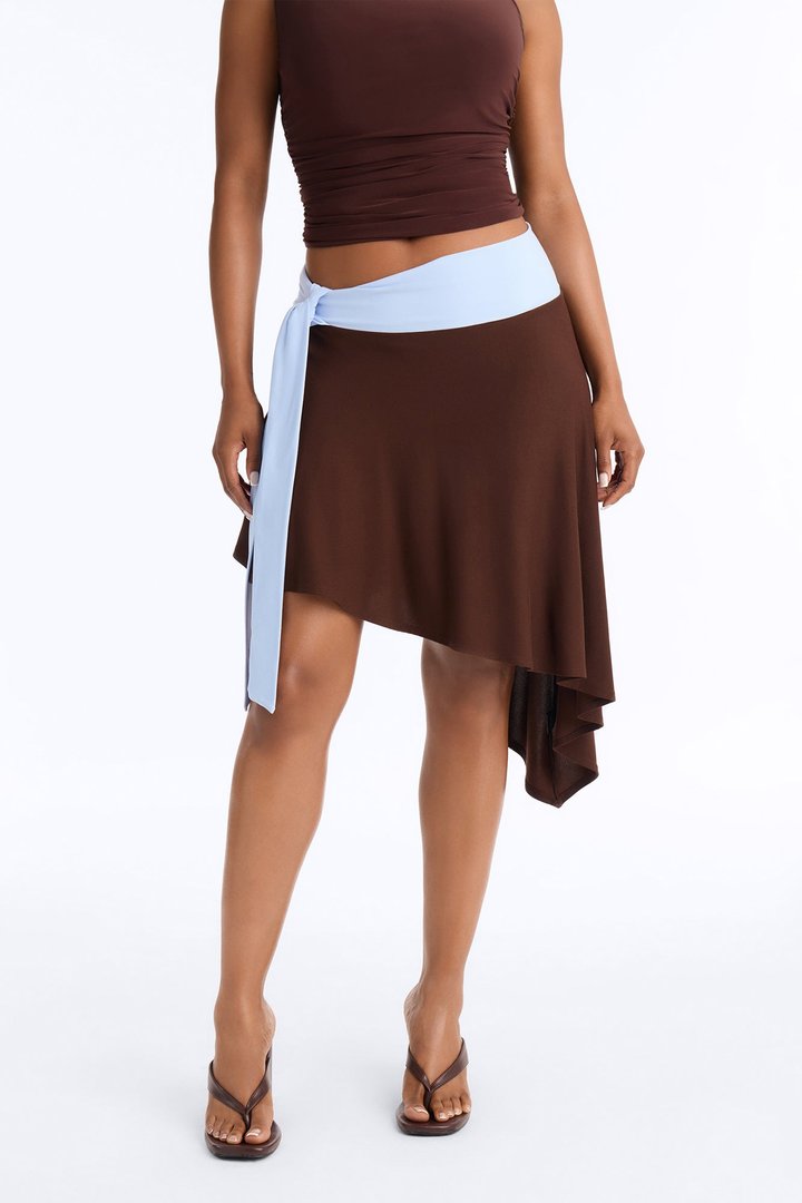 Julianna Tie Waist Midi Skirt - Chocolate/Combo