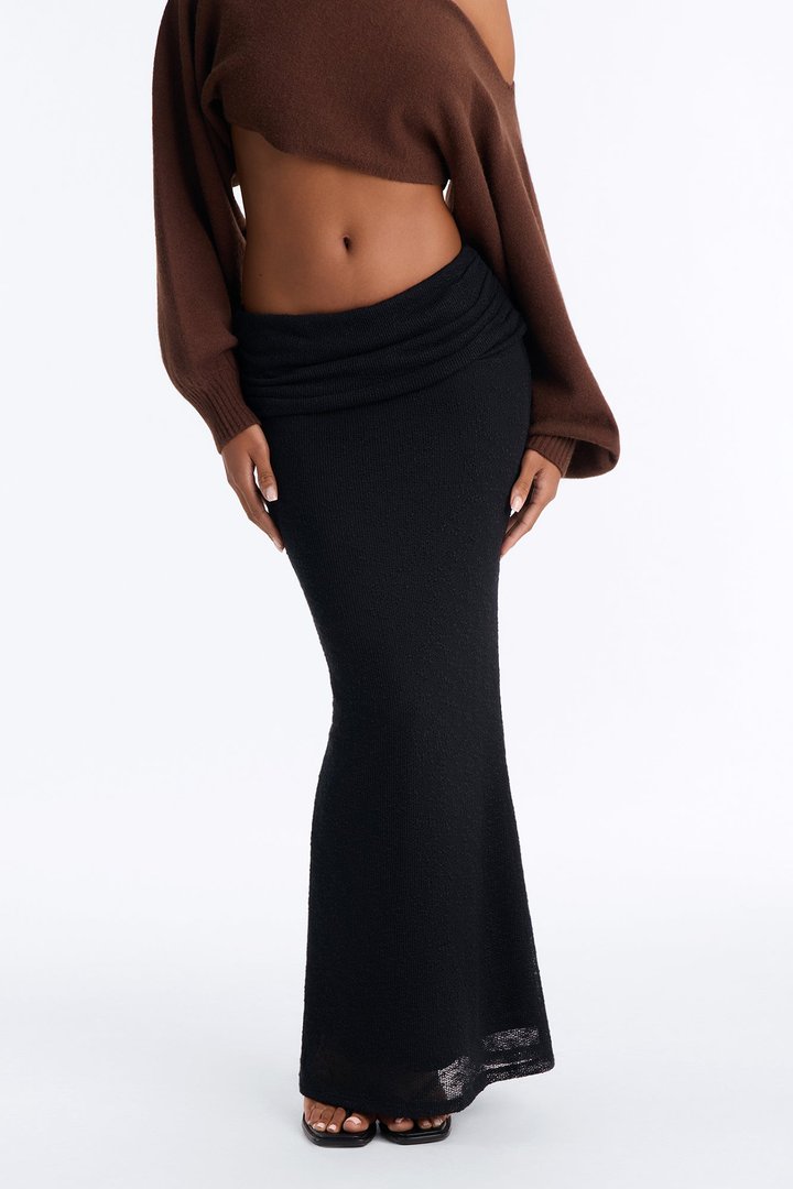 Suede Foldover Textured Knit Maxi Skirt - Black