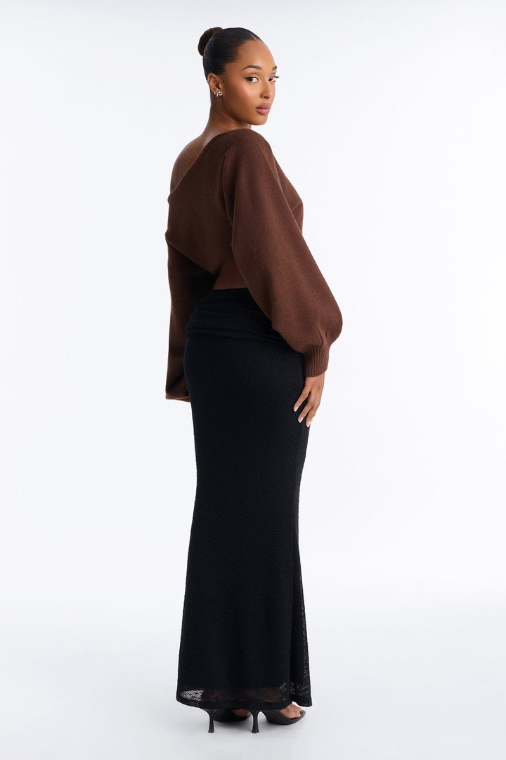 Suede Foldover Textured Knit Maxi Skirt - Black