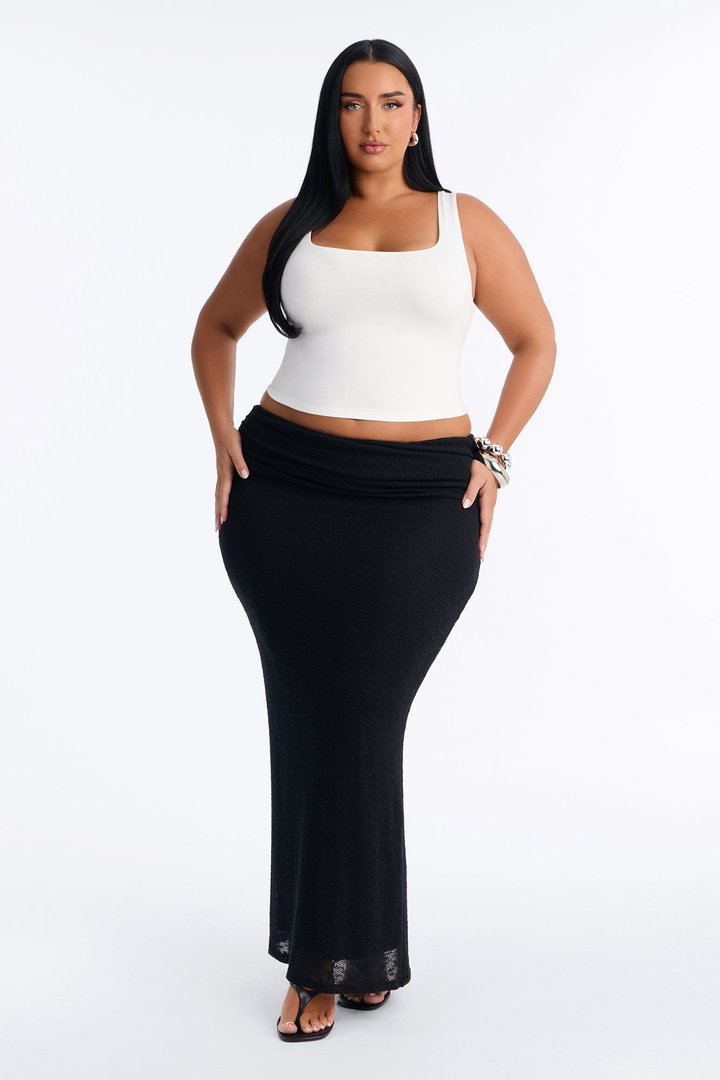 Suede Foldover Textured Knit Maxi Skirt - Black
