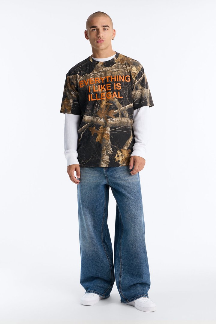 Real Tree Shadow Everything I Like Is Illegal Puff Print Short Sleeve Tee - Camouflage