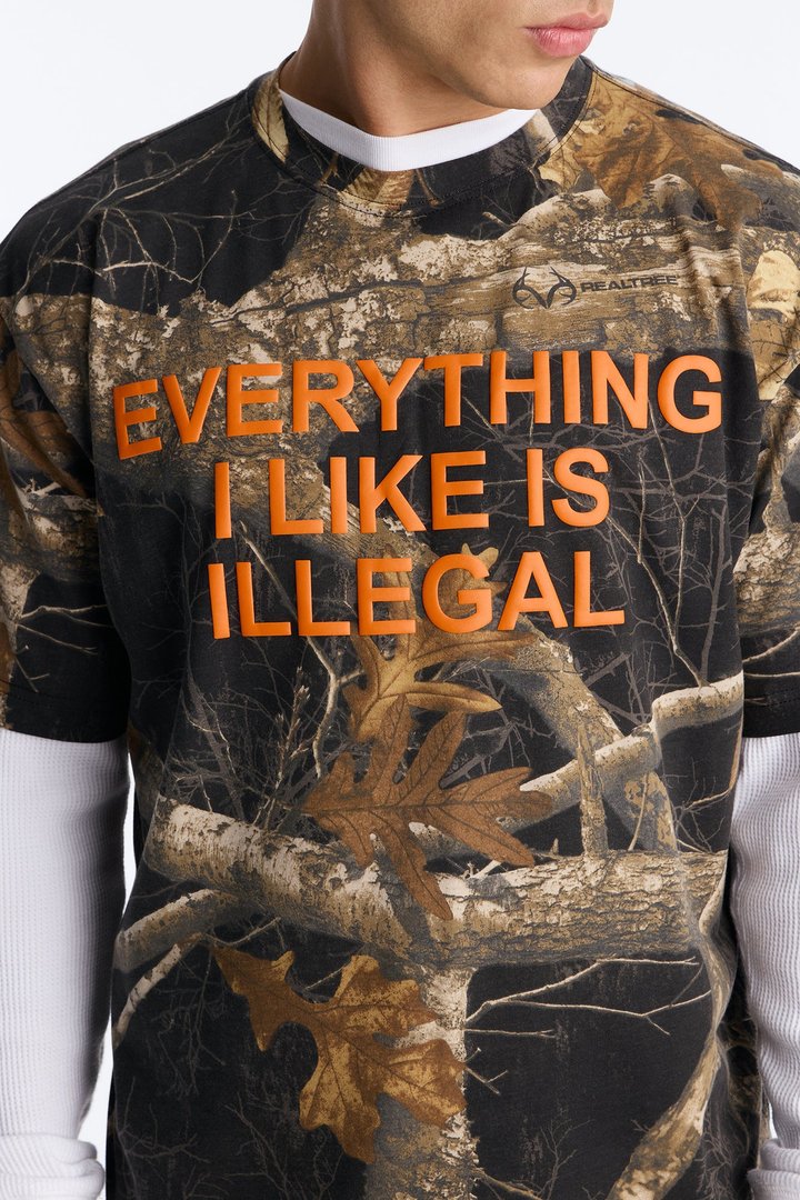 Real Tree Shadow Everything I Like Is Illegal Puff Print Short Sleeve Tee - Camouflage