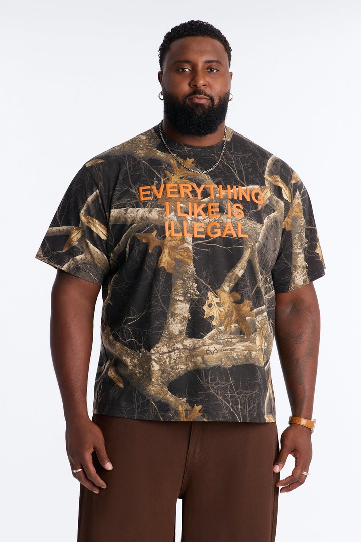 Real Tree Shadow Everything I Like Is Illegal Puff Print Short Sleeve Tee - Camouflage