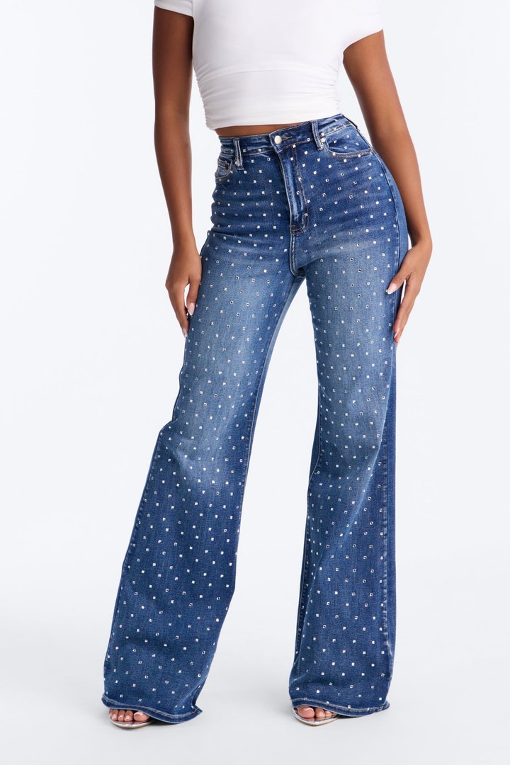 Stare Down High Rise Embellished Stretch Flare Jeans - Dark Wash