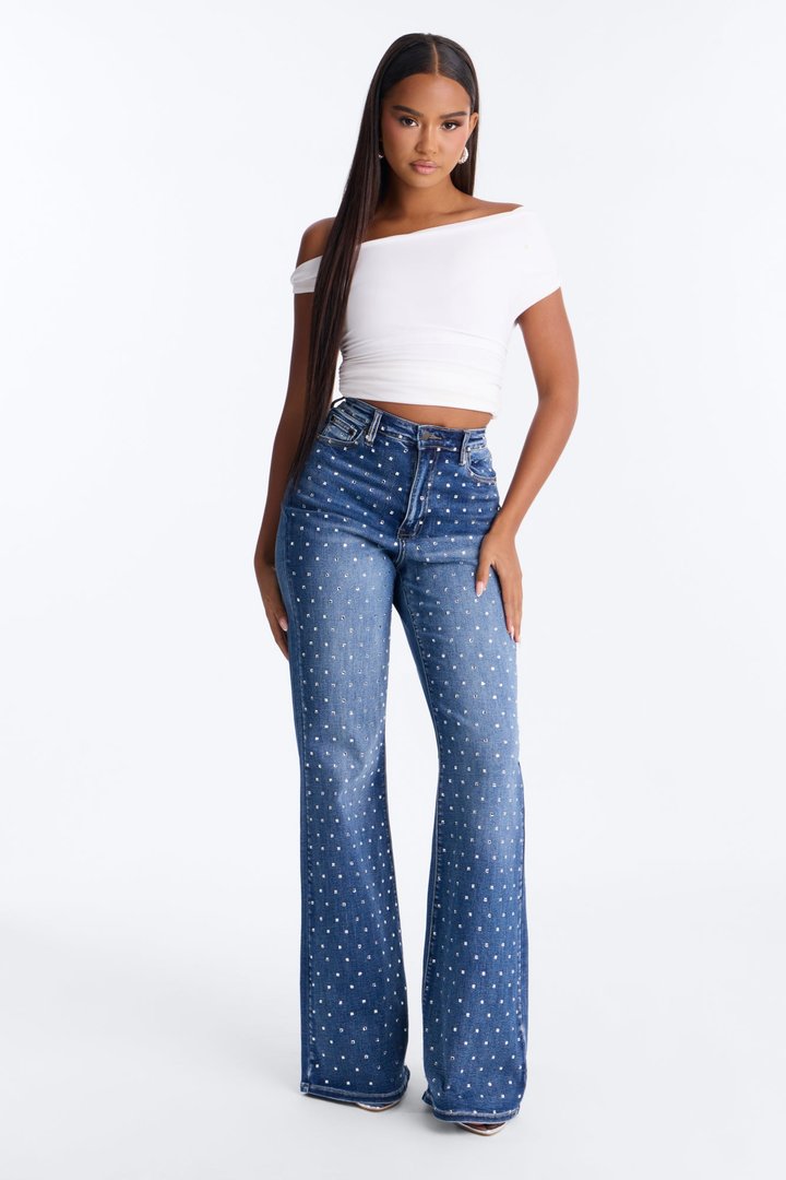 Stare Down High Rise Embellished Stretch Flare Jeans - Dark Wash