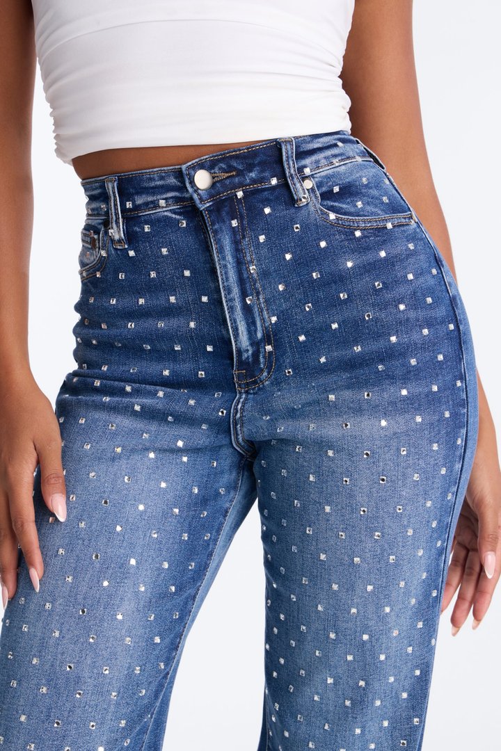 Stare Down High Rise Embellished Stretch Flare Jeans - Dark Wash