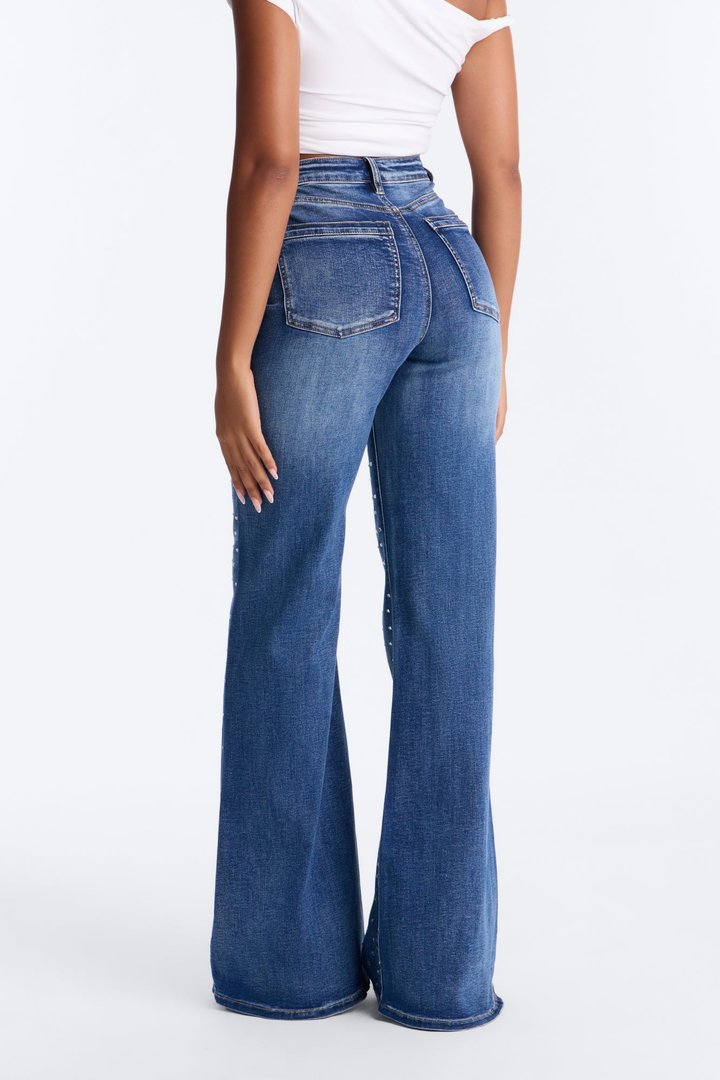 Stare Down High Rise Embellished Stretch Flare Jeans - Dark Wash