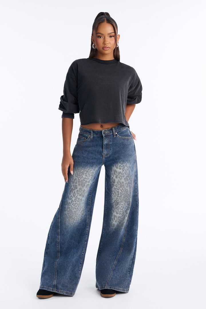A Wild Guess Animal Print Wide Leg Jeans - Vintage Wash