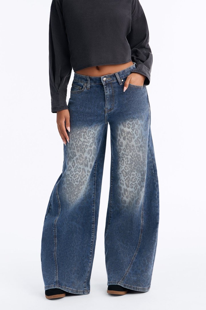 A Wild Guess Animal Print Wide Leg Jeans - Vintage Wash