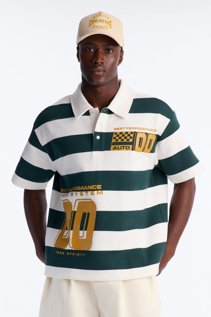 Racing Society Stripe Short Sleeve Fleece Polo - Green/combo