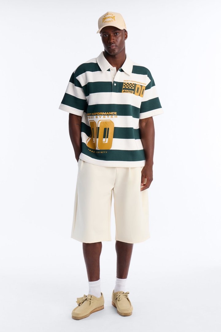 Racing Society Stripe Short Sleeve Fleece Polo - Green/combo