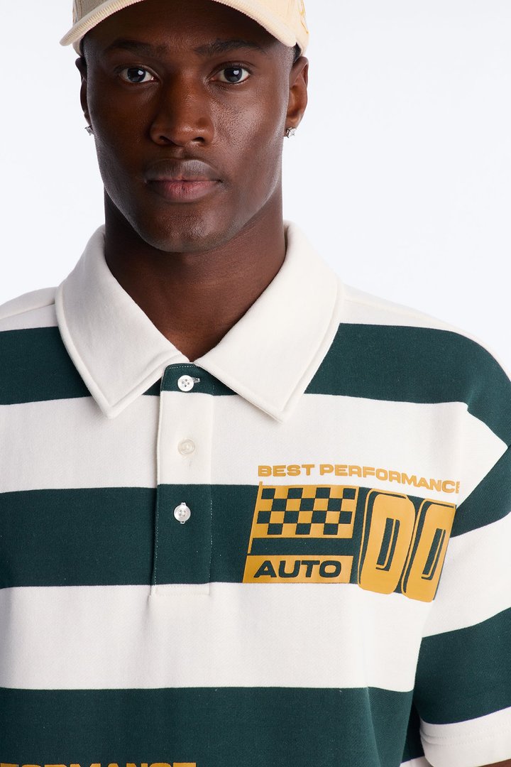 Racing Society Stripe Short Sleeve Fleece Polo - Green/combo