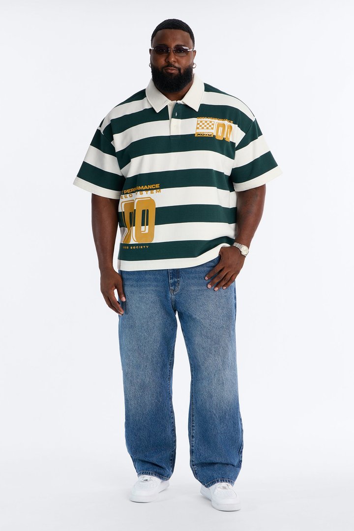 Racing Society Stripe Short Sleeve Fleece Polo - Green/combo
