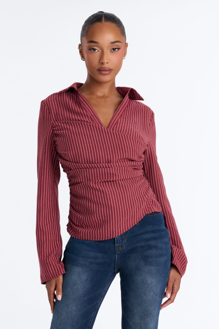 Modern Girl Ruched Pinstripe Top - Burgundy/combo