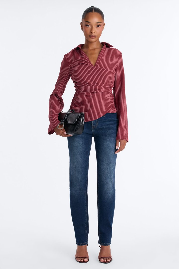 Modern Girl Ruched Pinstripe Top - Burgundy/combo