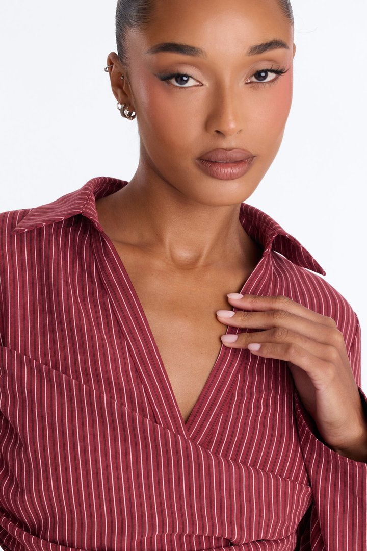 Modern Girl Ruched Pinstripe Top - Burgundy/combo