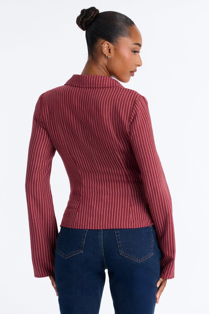Modern Girl Ruched Pinstripe Top - Burgundy/combo