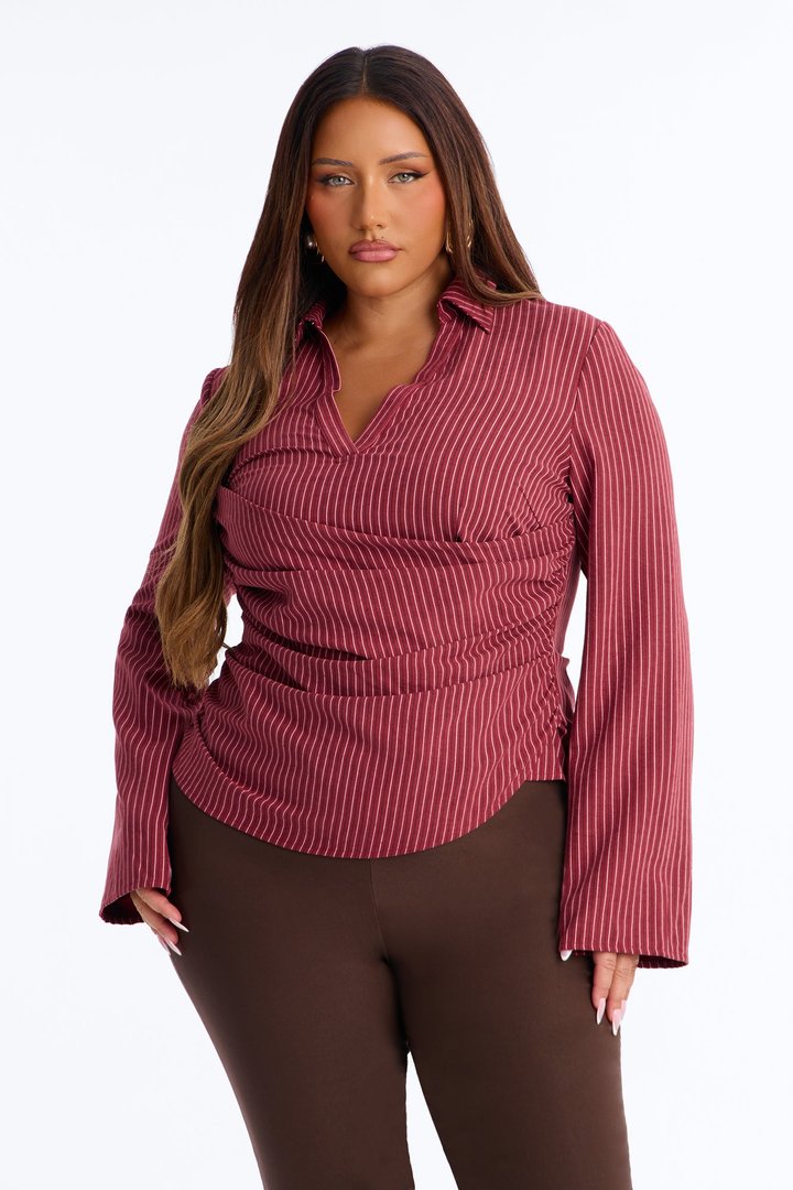Modern Girl Ruched Pinstripe Top - Burgundy/combo