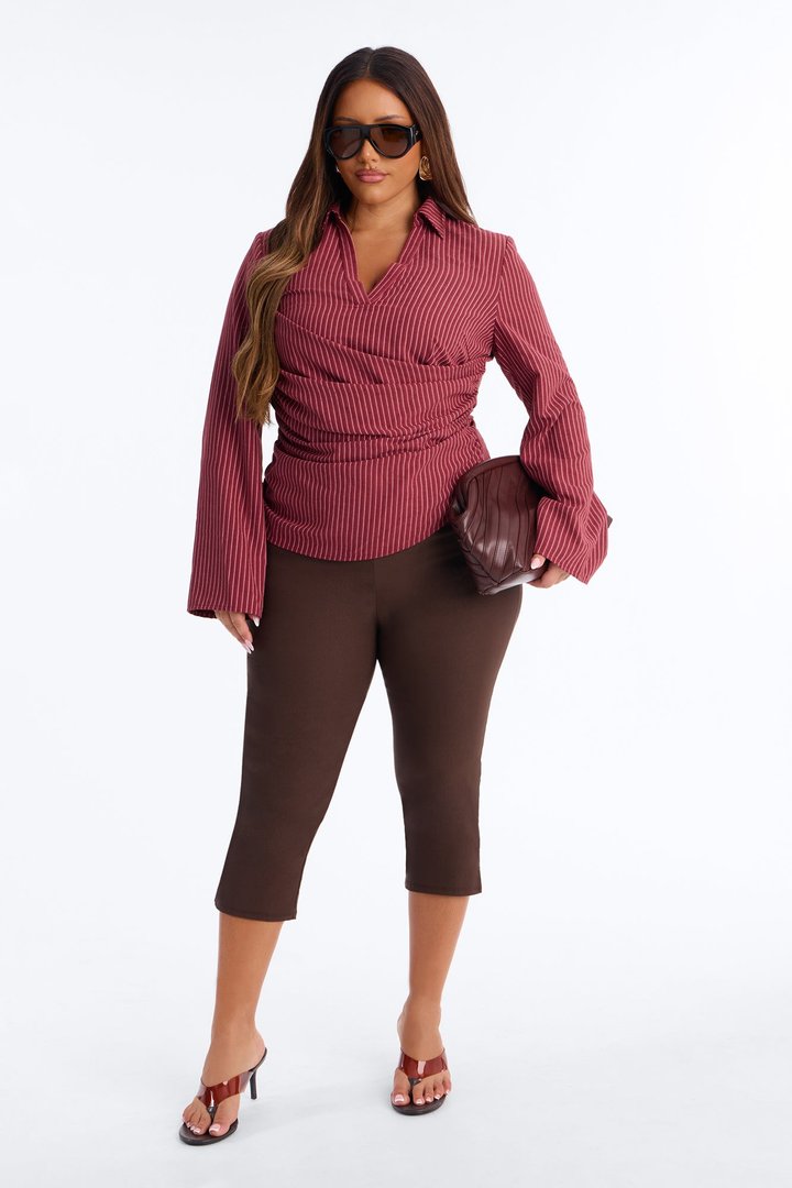 Modern Girl Ruched Pinstripe Top - Burgundy/combo