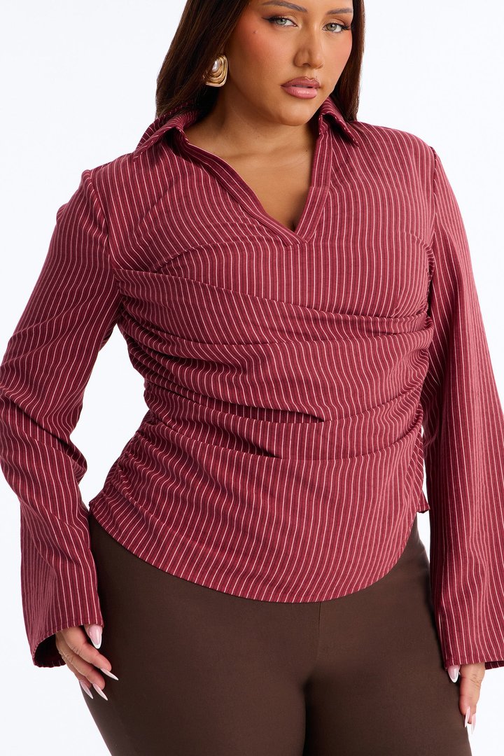 Modern Girl Ruched Pinstripe Top - Burgundy/combo