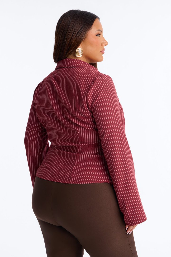 Modern Girl Ruched Pinstripe Top - Burgundy/combo