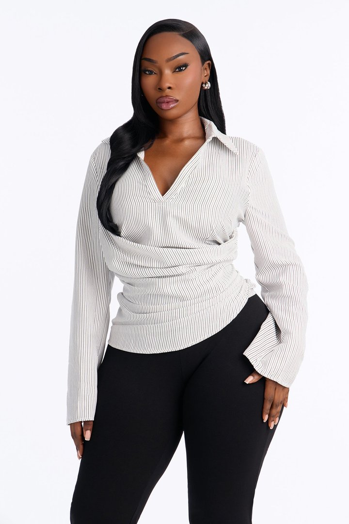 Modern Girl Ruched Pinstripe Top - White/Black