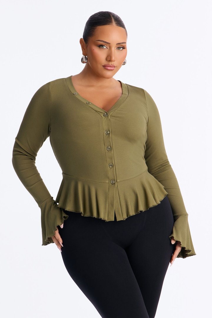 Arrow Long Sleeve Button Up Top - Olive