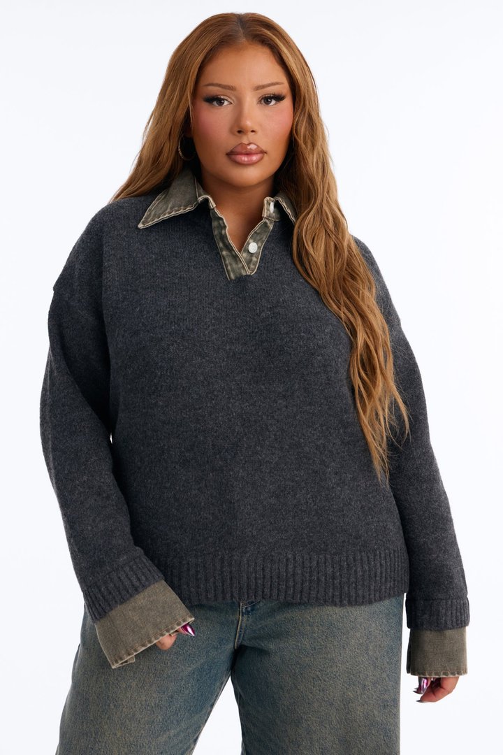 Serving Charm Denim Sweater - Charcoal/combo