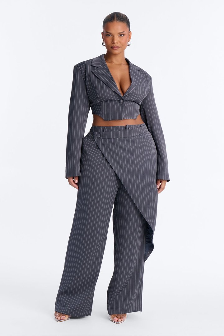 Power Plays Pinstripe Wrap Pant Set - Charcoal