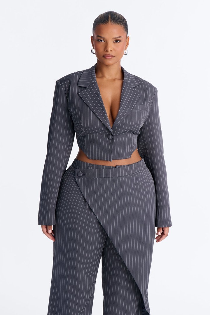 Power Plays Pinstripe Wrap Pant Set - Charcoal