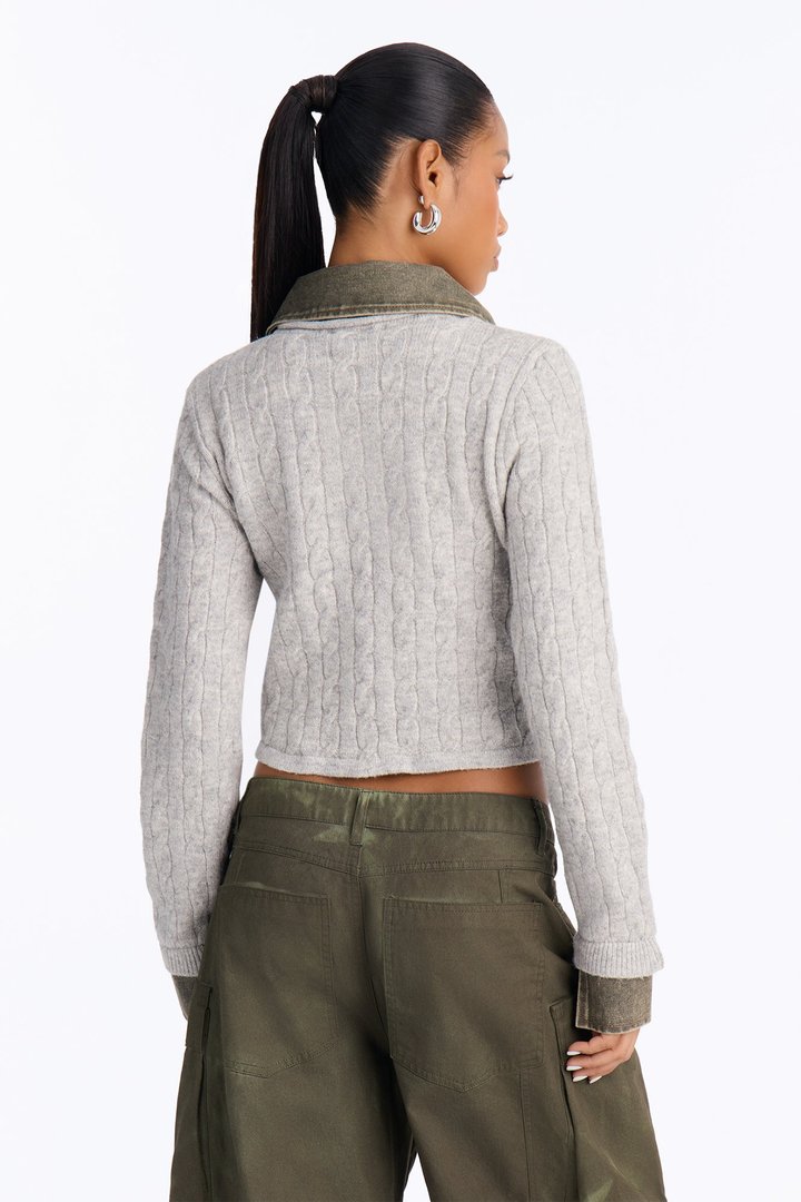 All Too Well Denim Contrast Cable Knit Cardigan - Heather/Combo