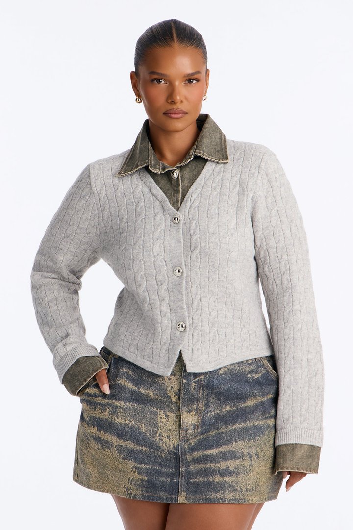 All Too Well Denim Contrast Cable Knit Cardigan - Heather/Combo