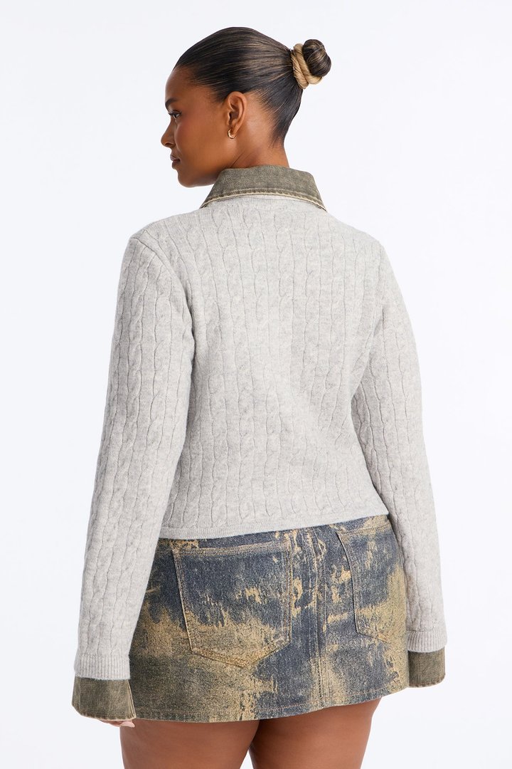 All Too Well Denim Contrast Cable Knit Cardigan - Heather/Combo