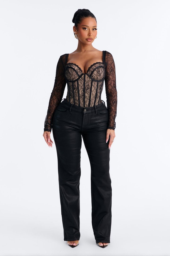 Hidden Charm Lace Corset Long Sleeve Bodysuit - Black