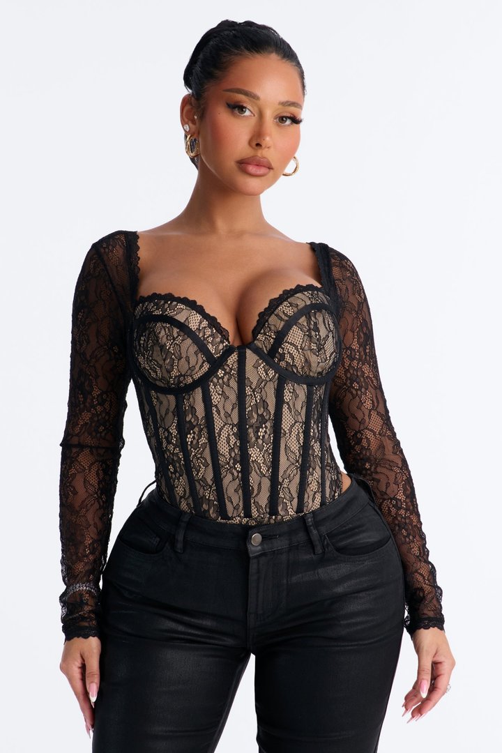 Hidden Charm Lace Corset Long Sleeve Bodysuit - Black