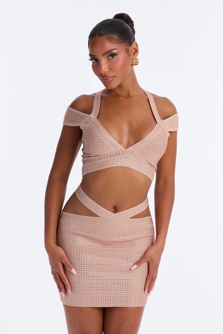 Bodied Embellished Bandage Mini Dress - Champagne