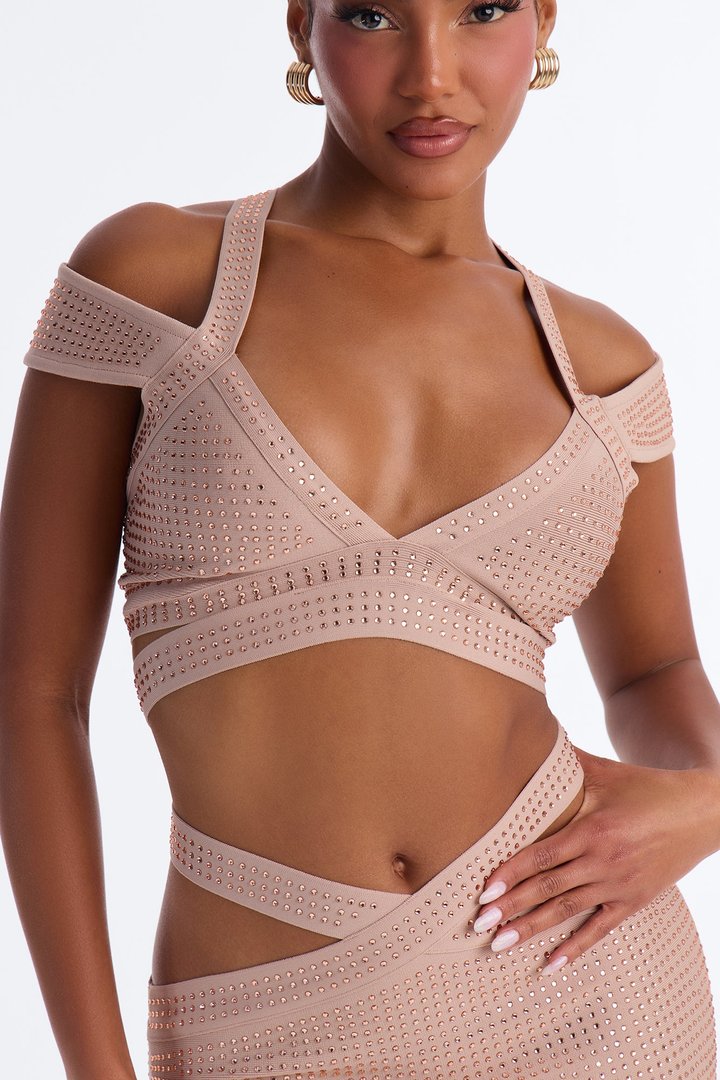 Bodied Embellished Bandage Mini Dress - Champagne