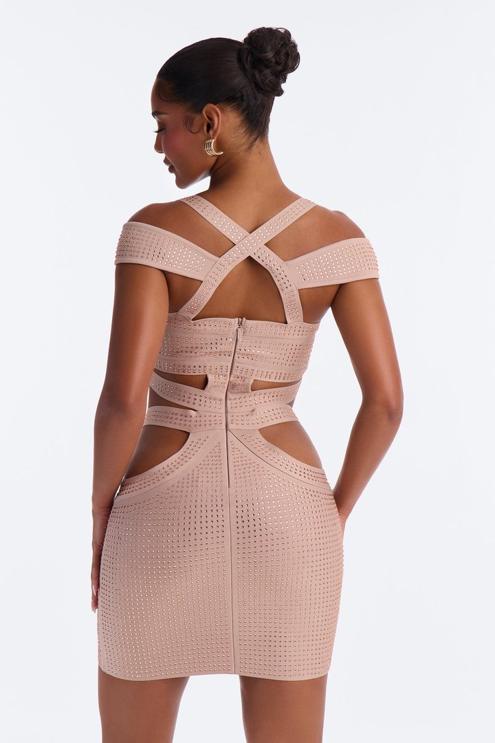 Bodied Embellished Bandage Mini Dress - Champagne